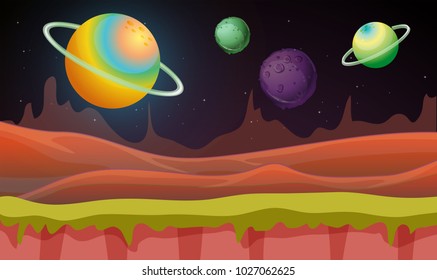 Background scene with many planets in galaxy illustration