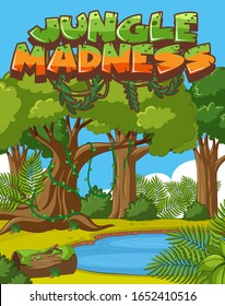 Escena de fondo con muchos árboles y pequeño estanque en la ilustración del bosque