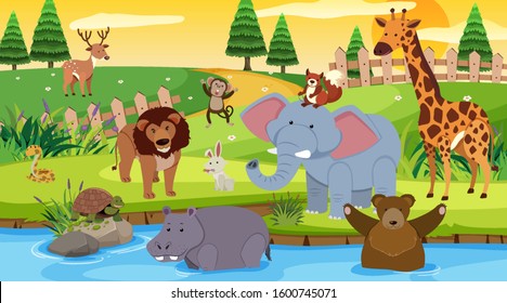 Background scene with many wild animals in the park illustration