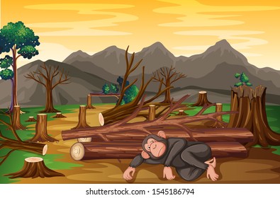 Background scene with monkey and deforestation illustration