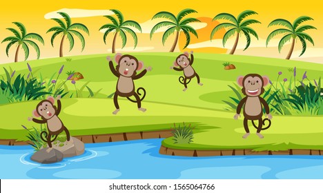 Background scene with monkeys by the river illustration