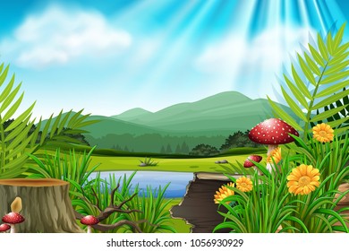 Background scene with mountain and lake illustration