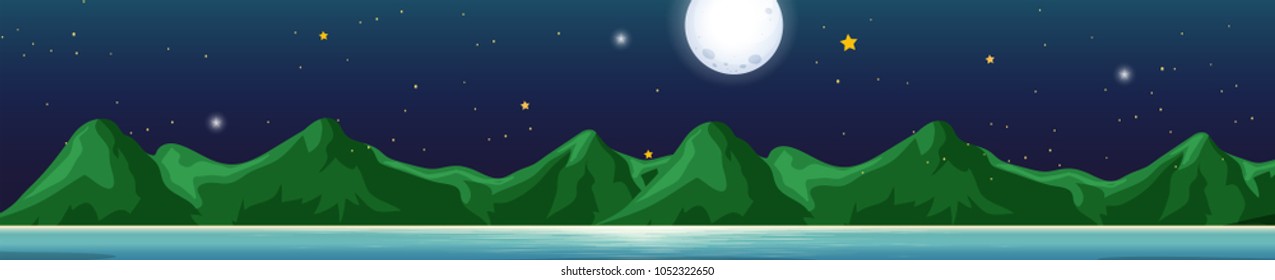 Escena de fondo con montañas en ilustración nocturna