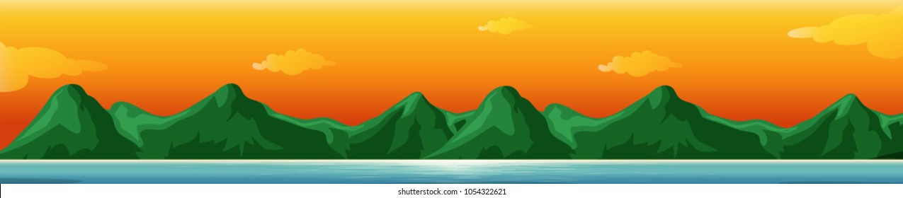 Background scene with mountains and ocean illustration