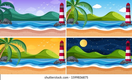 Background scene with ocean at different times illustration