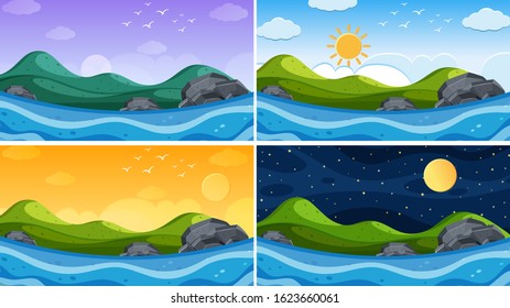 Background scene with ocean at different times illustration