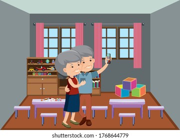 Background scene with old couple relaxing at home illustration