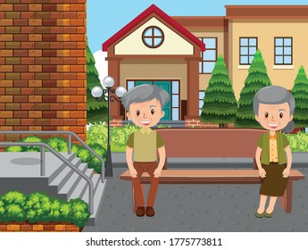 Background scene with old couple sitting on the bench illustration