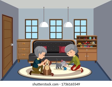 Background scene with old couple staying at home illustration