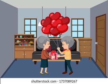 Background scene with old couple staying at home illustration