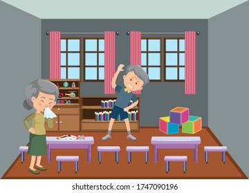 Background scene with old couple staying at home illustration