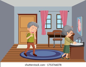 Background scene old couple staying at home illustration
