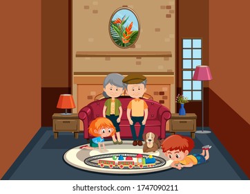 Background scene with old people and children at home illustration