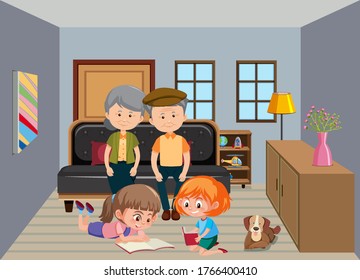 Background scene with old people and children at home illustration