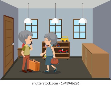 Background scene with old people staying at home illustration
