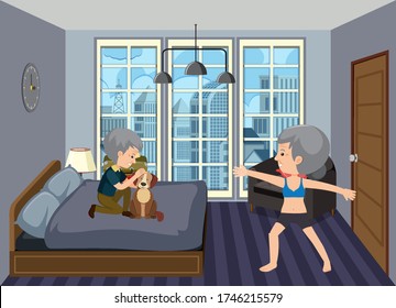Background scene with old people staying at home illustration