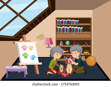 Background scene with old people staying at home illustration