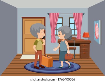 Escena de fondo con gente mayor que se queda en la ilustración en casa