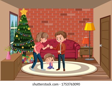 Background scene parents fighting in front of daughter at home illustration