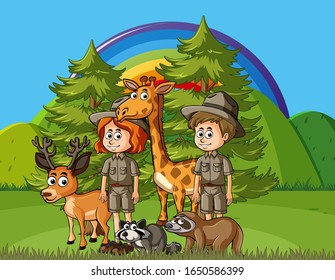 Background scene with park rangers and wild animals illustration