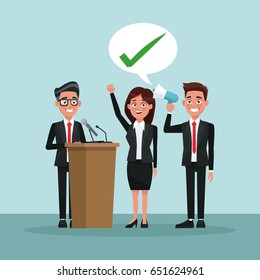 background scene people in formal suit speaks for dialog box with check mark and male candidate in tribune