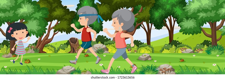 Background scene with people walking in the park illustration