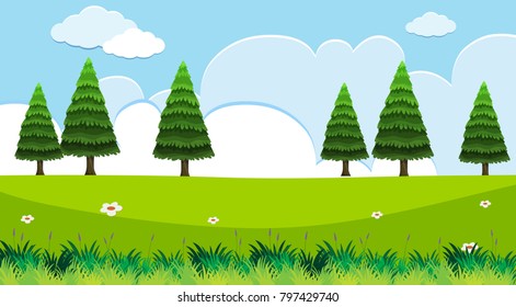 Background scene with pine trees in field illustration