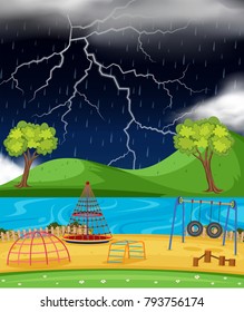 Background scene with playground in the rain