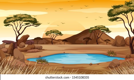 Background scene with pond in the desert land illustration