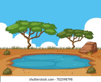Background scene with pond in the field illustration