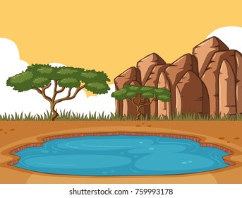 Background scene with pond in savanna field illustration