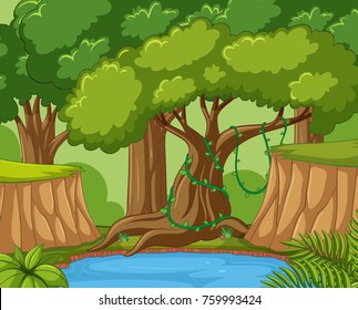 Background scene with pond and trees in forest illustration