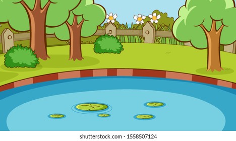 Background scene with pond and trees in the park illustration