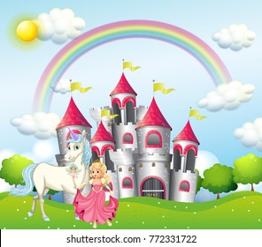 Background Scene With Princess And Unicorn At Pink Castle Illustration