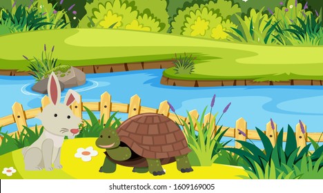 Background Scene With Rabbit, Hare And Turtle Illustration