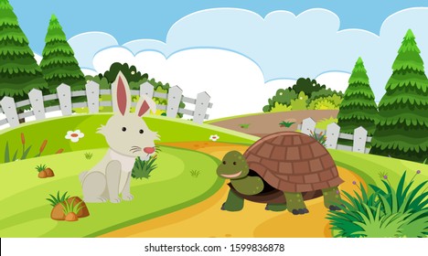 Background scene with rabbit and tortoise illustration