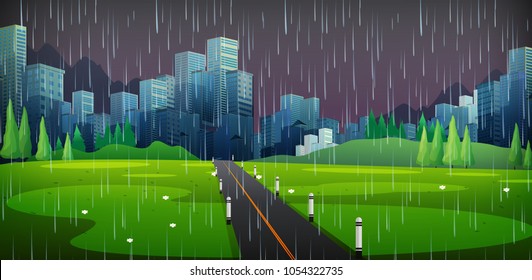 Escena de fondo con lluvia en la ilustración de la ciudad