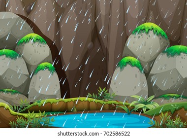 Background scene with raining in mountain illustration