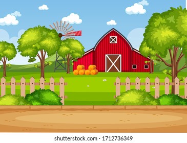 Background Scene With Red Barn On The Farm Illustration