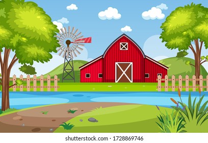 Background scene with red barn in the park illustration