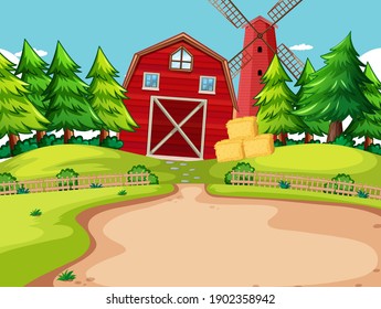 Background scene with red barn and windmill in the farm illustration