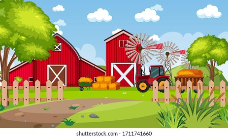 Background scene with red barns in the park illustration
