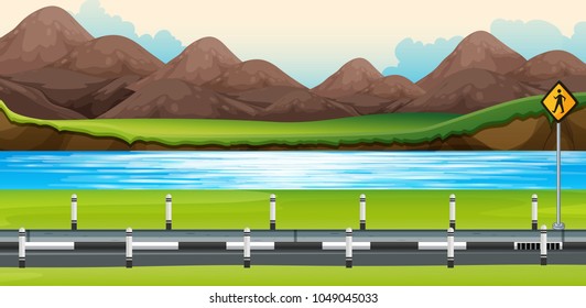 Background scene with river along the road illustration