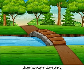 Background scene with river bridge and trees illustration