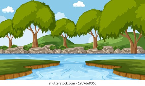 Background scene with river in the forest illustration