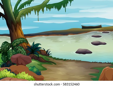 Background scene with river in the forest illustration