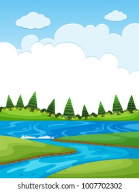 Background scene with river and pine trees illustration