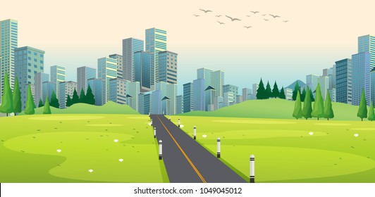 Background scene with road to city illustration