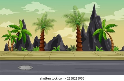 Hintergrund-Szene mit Felsen und Palmen entlang