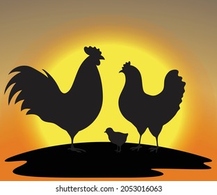 Background scene with rooster hen cartoon vector art and illustration